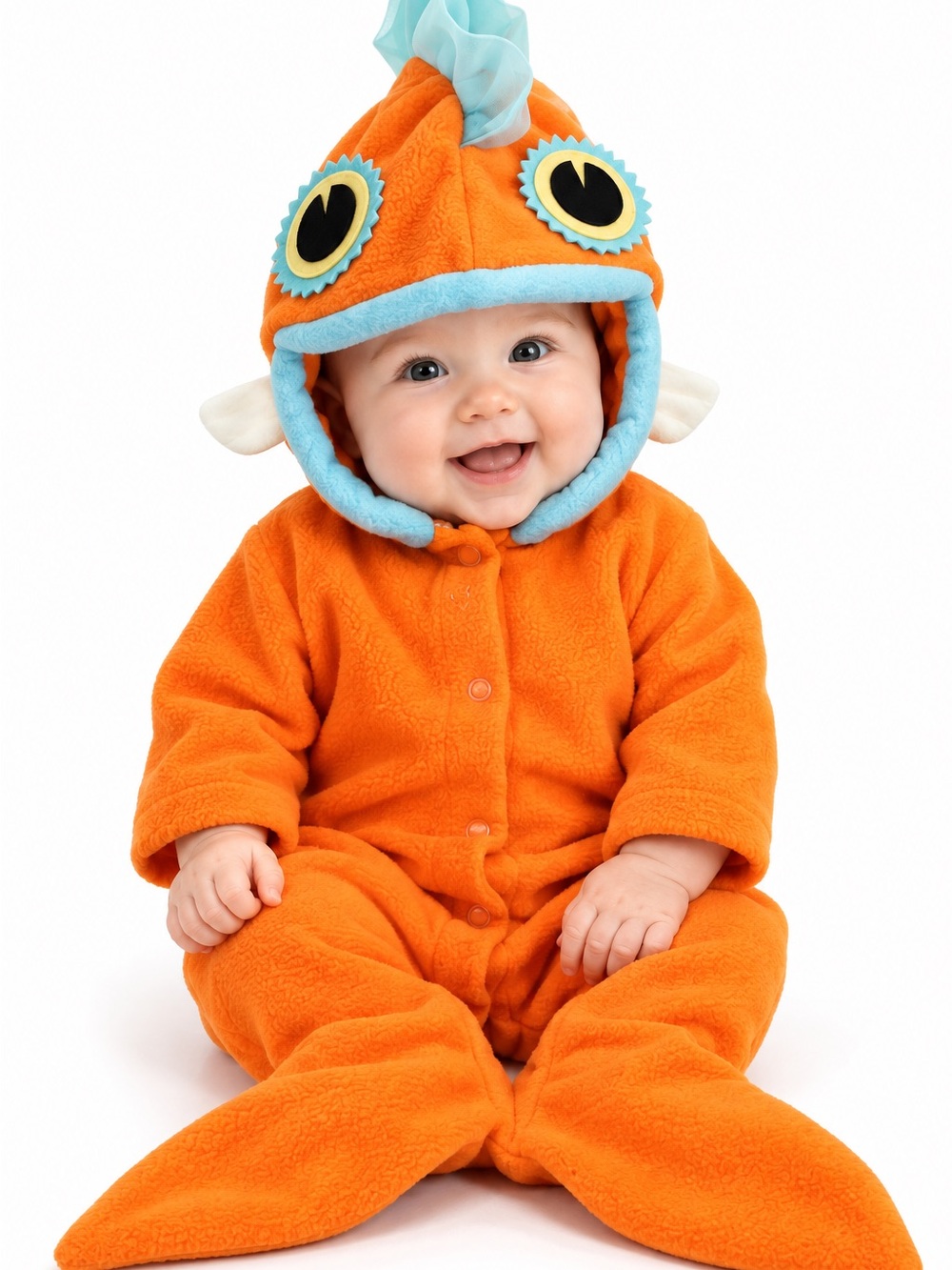 Pottery Barn Kids Orange Fish Hooded One-Piece Bodysuit with Blue Trim